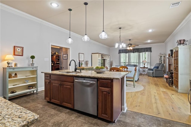 kitchen with dark hardwood / wood-style flooring, light stone counters, dishwasher, and ornamental molding