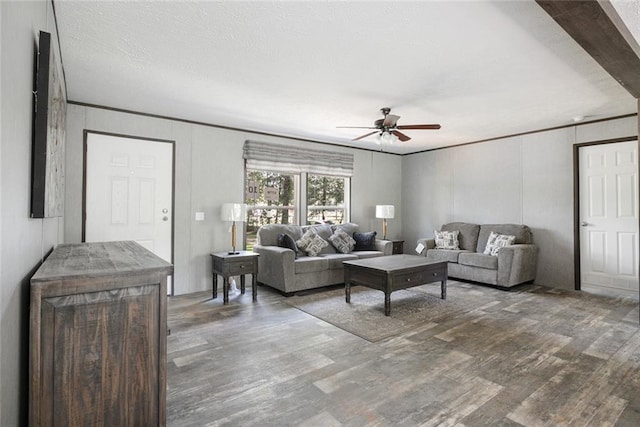 living room with hardwood / wood-style flooring, ceiling fan, a textured ceiling, and ornamental molding