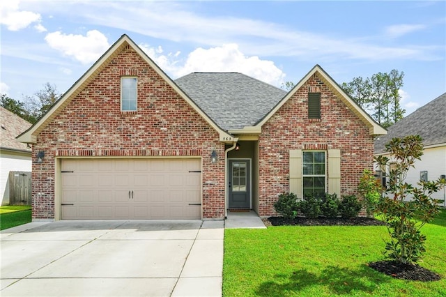 front facade featuring a garage and a front yard