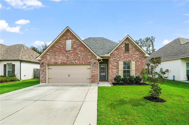 view of property featuring a garage and a front lawn