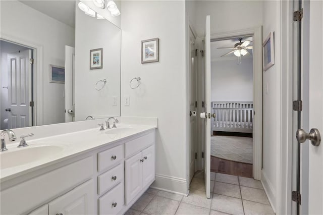 bathroom with vanity, ceiling fan, and tile patterned floors