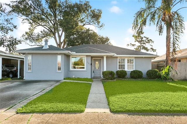 ranch-style home featuring a front lawn and a carport