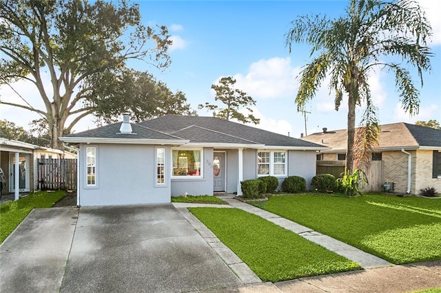 single story home with a front lawn