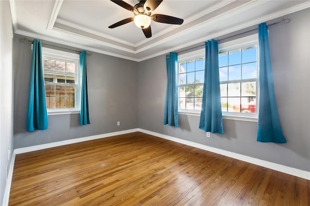 empty room with wood-type flooring, a healthy amount of sunlight, a raised ceiling, and crown molding