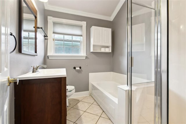 full bathroom with vanity, plus walk in shower, crown molding, tile patterned floors, and toilet