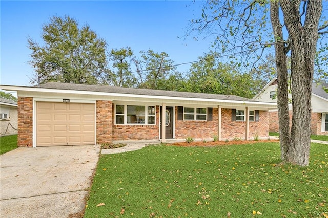 single story home with a garage and a front lawn