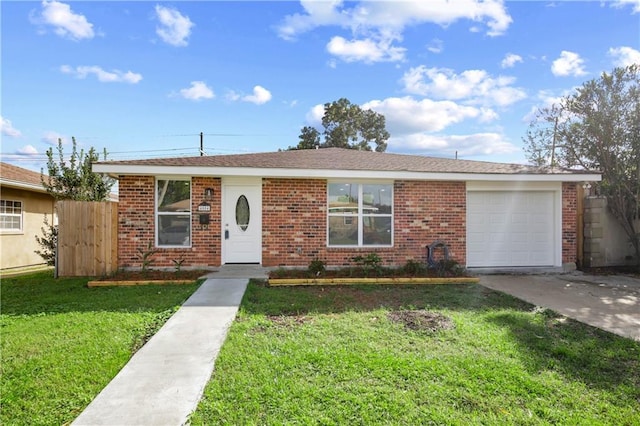 single story home with a garage and a front yard