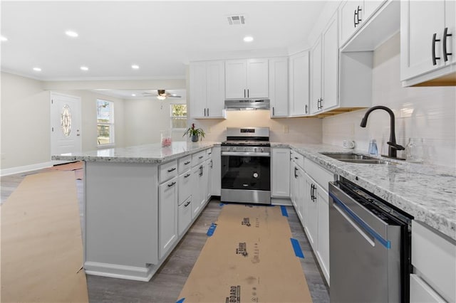 kitchen featuring stainless steel appliances, wood-type flooring, white cabinets, decorative backsplash, and sink