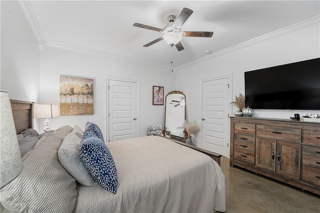 bedroom with ceiling fan and ornamental molding