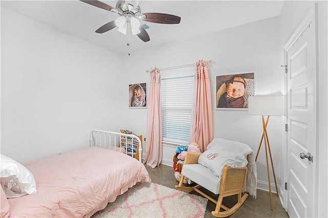 bedroom featuring carpet and ceiling fan