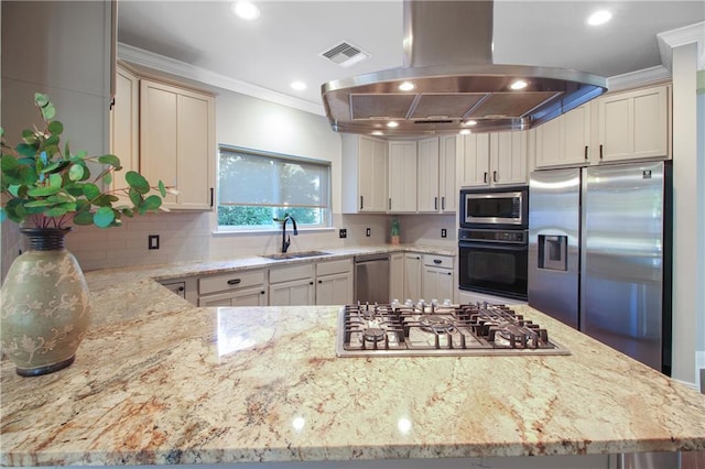 kitchen featuring island exhaust hood, crown molding, light stone counters, and appliances with stainless steel finishes