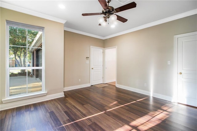 unfurnished room featuring ornamental molding, dark hardwood / wood-style flooring, and ceiling fan