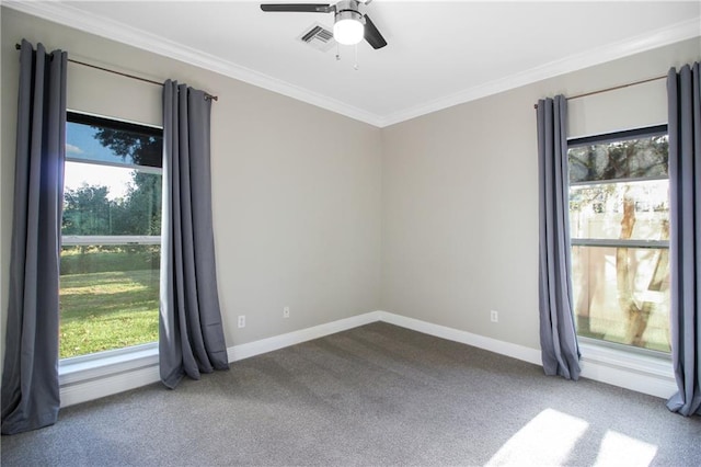 carpeted spare room with ceiling fan and crown molding