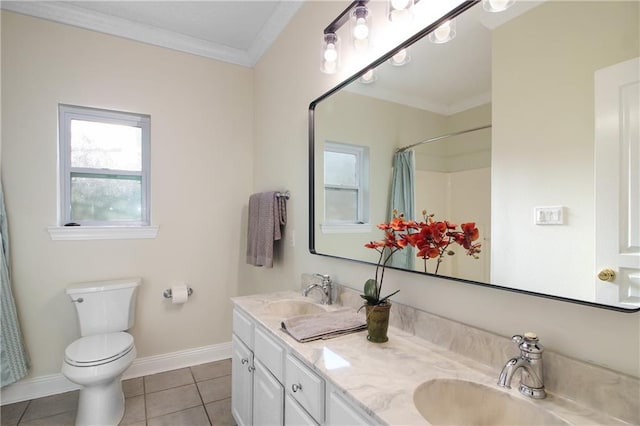 bathroom featuring crown molding, walk in shower, vanity, tile patterned flooring, and toilet