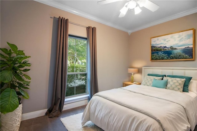 bedroom featuring ceiling fan, multiple windows, and crown molding