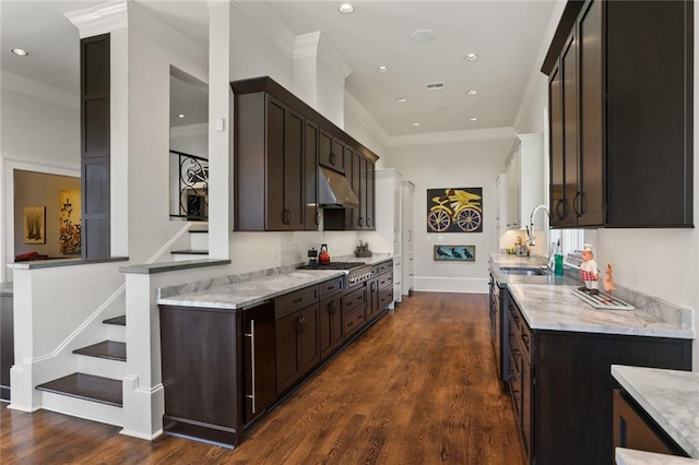 kitchen with dark wood-type flooring, sink, ornamental molding, dark brown cabinets, and stainless steel gas cooktop