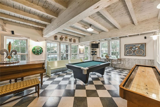 game room featuring beamed ceiling, wooden ceiling, wooden walls, and pool table