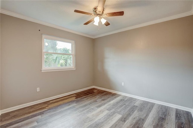 spare room with light wood-type flooring, ceiling fan, and crown molding