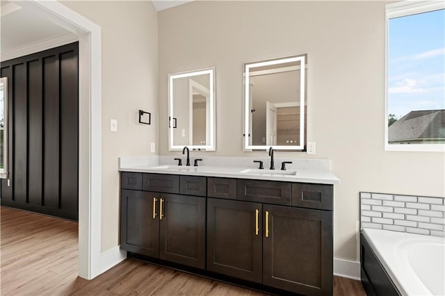 bathroom with hardwood / wood-style floors, vanity, and a bathtub