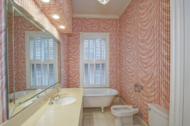 1521 Dufossat St, New Orleans, LA 70115 - full bathroom with wallpapered walls, tile patterned flooring, ornamental molding, a soaking tub, and toilet