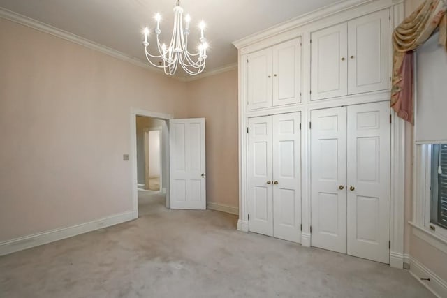 1521 Dufossat St, New Orleans, LA 70115 - unfurnished bedroom with a chandelier, light colored carpet, crown molding, and baseboards