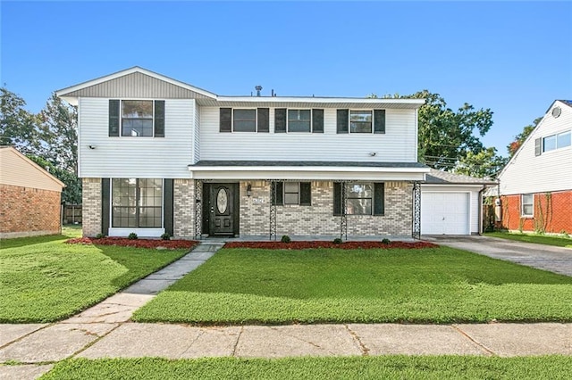 front facade featuring a garage and a front lawn