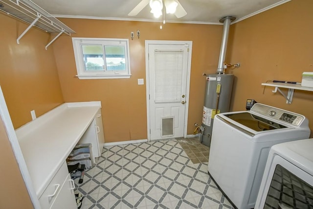 clothes washing area with washing machine and dryer, gas water heater, ornamental molding, and ceiling fan