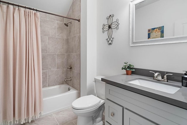 full bathroom with toilet, vanity, shower / bath combination with curtain, and tile patterned floors