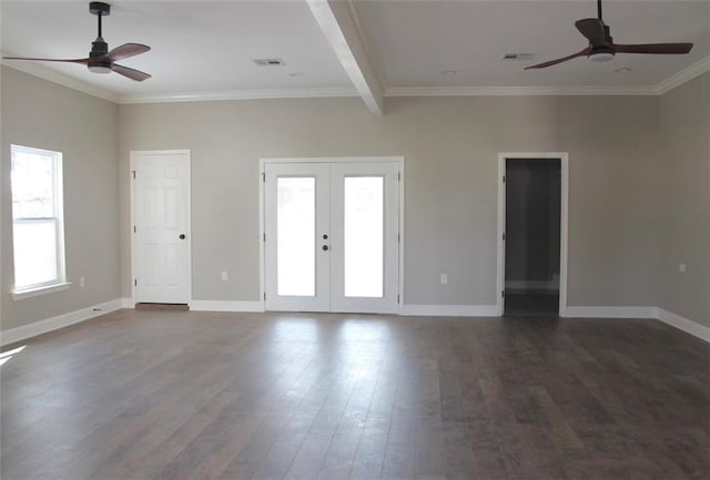 spare room with french doors, ceiling fan, ornamental molding, beamed ceiling, and dark hardwood / wood-style flooring