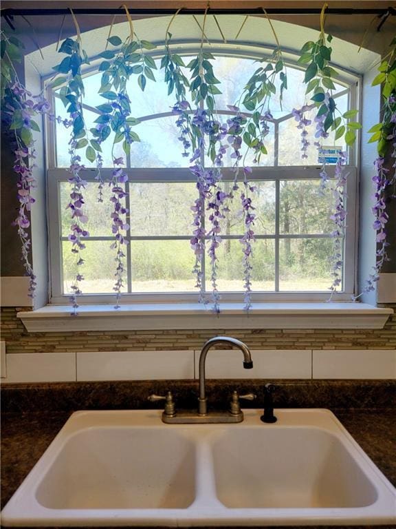 details with a sink and dark countertops