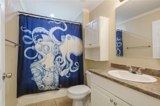 bathroom featuring vanity, toilet, ornamental molding, a shower with shower curtain, and tile patterned floors