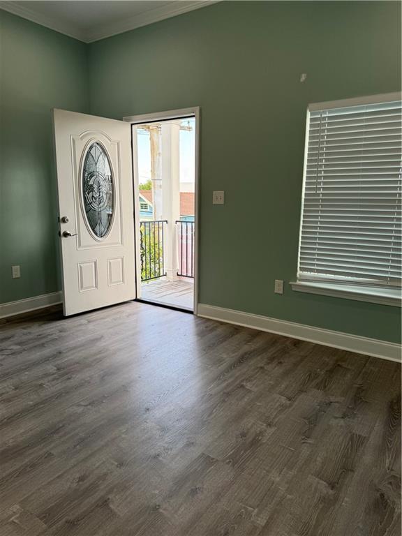 entrance foyer featuring dark hardwood / wood-style floors and ornamental molding