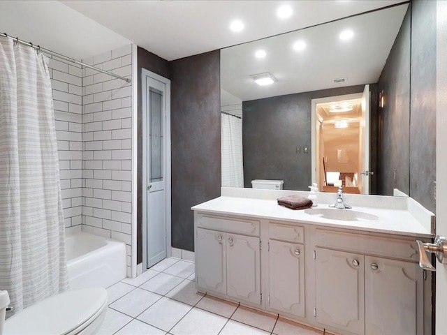 full bathroom with toilet, shower / bath combo, vanity, and tile patterned floors