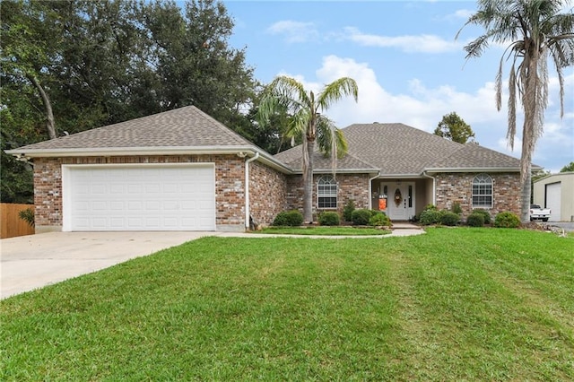 ranch-style home featuring a garage and a front yard