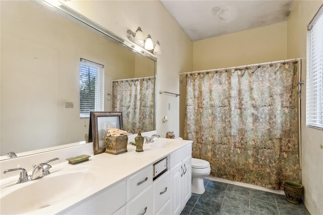 bathroom featuring toilet, vanity, and curtained shower