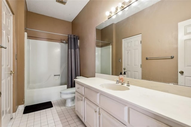 full bathroom with toilet, shower / tub combo with curtain, vanity, and tile patterned floors