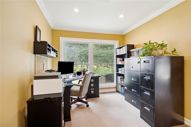 carpeted home office featuring crown molding