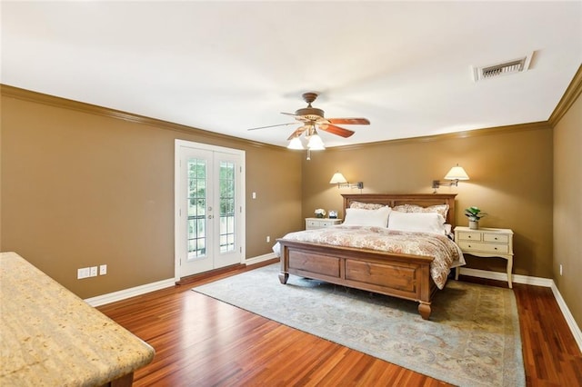 bedroom with access to outside, french doors, dark wood-type flooring, ornamental molding, and ceiling fan