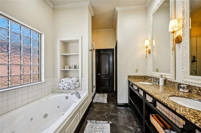 bathroom with a tub, built in features, vanity, and ornamental molding