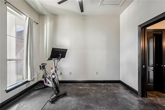 workout area with ceiling fan