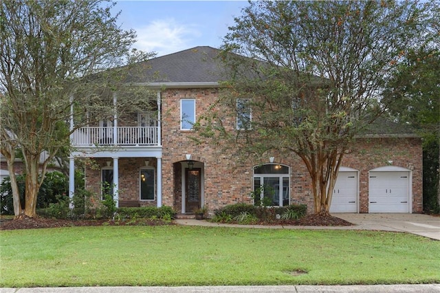 view of front of property featuring a balcony, a front yard, and a garage