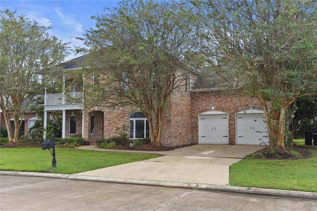 view of front of home with a balcony and a front yard