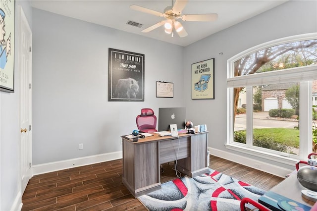 office area featuring dark hardwood / wood-style flooring and ceiling fan