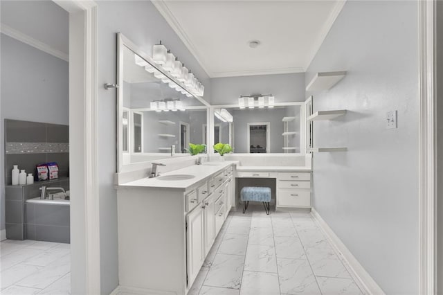 bathroom with tiled bath, vanity, and ornamental molding