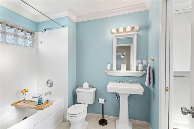 bathroom featuring tub / shower combination, tile patterned floors, toilet, and crown molding