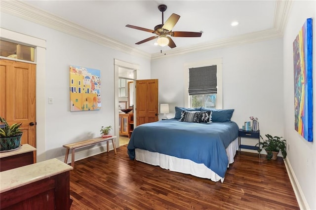 bedroom with ceiling fan, dark hardwood / wood-style flooring, and ornamental molding