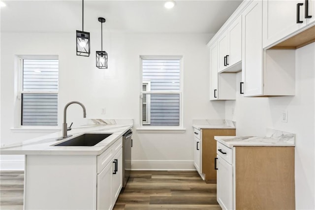 kitchen featuring white cabinetry, dark hardwood / wood-style floors, hanging light fixtures, sink, and stainless steel dishwasher