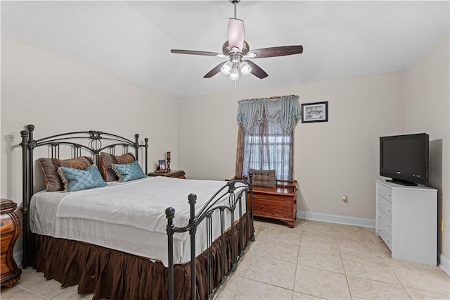 bedroom featuring ceiling fan and light tile patterned flooring