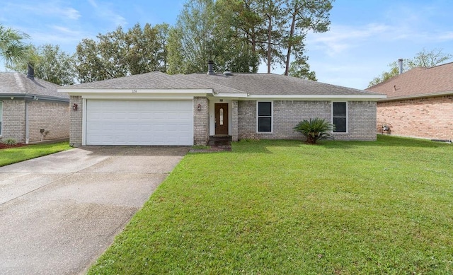 ranch-style house with a garage and a front lawn