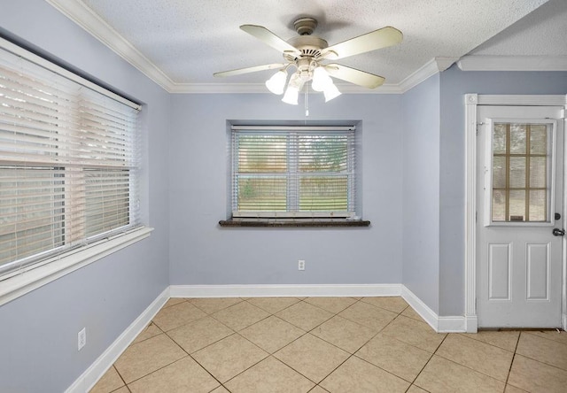 unfurnished room featuring ceiling fan, a textured ceiling, a healthy amount of sunlight, and crown molding